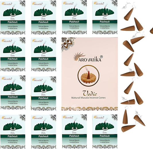 ARO VATIKA Vedic Patchouli Natural Masala 120 Incense Cones in Pack of 12 Boxes| Environment-Friendly Dhoop- Best for Prayer, Reiki, Meditation and Relaxation | Burn Time- 25 mins AROVATIKA