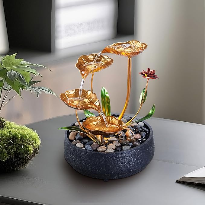 Tabletop Fountain Metal Lotus Circulating Fountain Water Feature for Zen Home Decor Warm Yellow Scene Light(23034) - Bloomnest