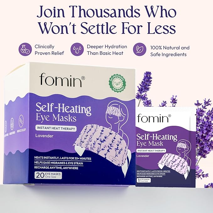 Fomin Self Heating Eye Mask - 20 Pack - Lavender Heated Eye Mask Warm Compress for Eyes, Disposable Self Heating Steam Mask for Home, Sleep, Spa, Travel Essentials & Relaxation Gifts for Women