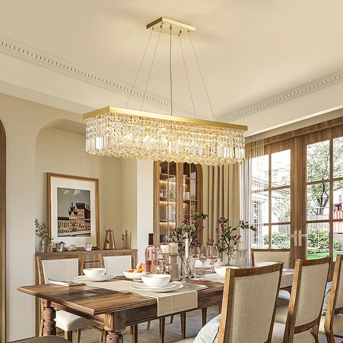 Saint Mossi 8-Lights K9 Crystal Chandelier for Dining Room, Rectangular Pendant Light Fixture for Kitchen Island, Raindrop Chandelier, X-Large Size, Chain Adjustable - Bloomnest
