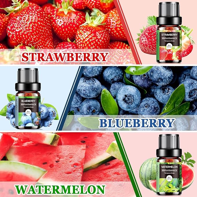 Fruity Essential Oils Set - 6x10ML Fruit Fragrance Oil for Diffuser, Aromatherapy, Candle Making - Strawberry, Cherry, Blueberry, Mango, Coconut, Watermelon Scented Oil - Bloomnest