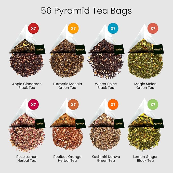 8 Wonders of Tea - Pure Leaf Tea, 56 Pyramid Tea Bags in Individual Scahets | 8 Flavors - Sampler Set | Healing - Magical Blends, for Natural Detox, Energy, Good Sleep & Relaxation - Bloomnest