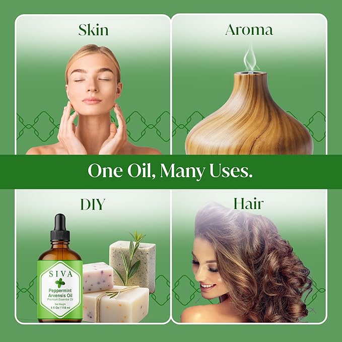 Siva Peppermint Arvensis Essential Oil - 4 Fl Oz – 100% Natural Peppermint Arvensis Oil - for Diffuser, Face, Skin Care, Aromatherapy, Hair Care, Scalp and Body Massage - with Dropper - Bloomnest
