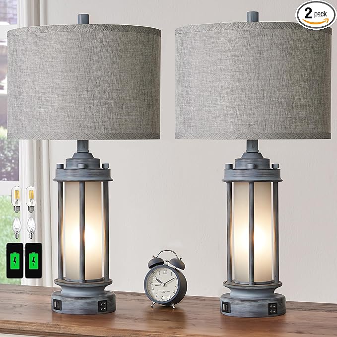 Set of 2 Rustic Table Lamps for Living Room, Farmhouse Vintage Nightstand Lamp with 2 USB Ports, Antique Retro Light Green Glass Night Light for Bedroom Entryway, 4 Bulbs Included - Bloomnest