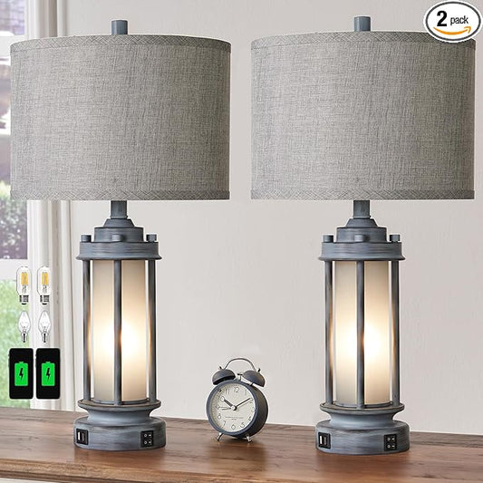 Set of 2 Rustic Table Lamps for Living Room, Farmhouse Vintage Nightstand Lamp with 2 USB Ports, Antique Retro Light Green Glass Night Light for Bedroom Entryway, 4 Bulbs Included - Bloomnest