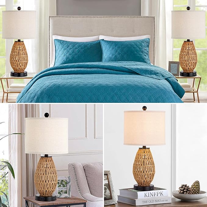 Touch Control Rattan Table Lamps, 3 Way Dimmable Bedside Lamps for Bedroom Set of 2 with 2 USB Ports and AC Outlet, Wicker Nightstand Lamps for Living Room (LED Bulbs Included) - Bloomnest