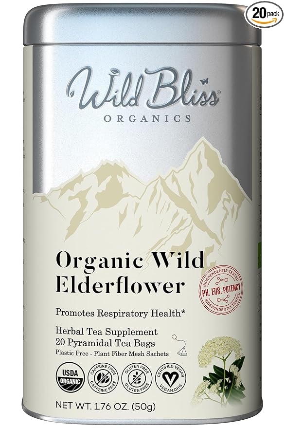 Wild Bliss Organic Elderflower Herbal Tea - Caffeine Free Elder Flowers Tisane - Pharmacopoeia Potency - 20 Plant Based Tea Bags - Bloomnest