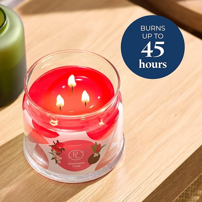 PartyLite Beachside Tiare Scented, Notes of Gardenia, Coconut, Red Hibiscus, Peach & Ylang Ylang, 13.2oz 3-Wick Jar Candle, 45 Hour Burn Time, Luxurious Fragrance, Ideal for Gifting - Bloomnest