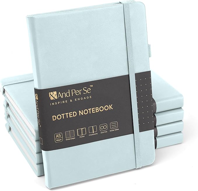 &And Per Se Dotted Journal Notebook (5 Packs), A5 Hardcover Leather Dotted Journal, 160 Pages 100 gsm Thick Paper, 3 Sheets of Stickers Included- 5.7'' x 8'' (Cyan - Bloomnest