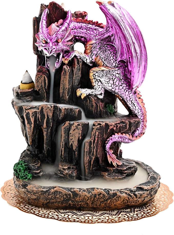 Dragon Backflow 2 Sided Mountain Waterfall Incense Burner,Fountain Smoke Incense Holder with Backflow Incense Cones, Tweezers, Mat，Resin Aromatherapy Meditationvaiuk (Purple) - Bloomnest