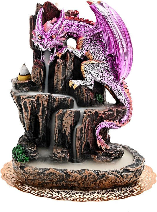 Dragon Backflow 2 Sided Mountain Waterfall Incense Burner,Fountain Smoke Incense Holder with Backflow Incense Cones, Tweezers, Mat，Resin Aromatherapy Meditationvaiuk (Purple) - Bloomnest