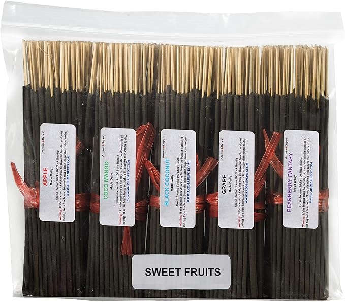 Sweet Fruits 7'' Incense Sticks - Variety Set 500 Pack - 7 inch - 5 Bundles 100 Sticks Per Fragrance Scent. Set Features Apple, Coco Mango, Black Coconut, Grape Pearberry Fantasy