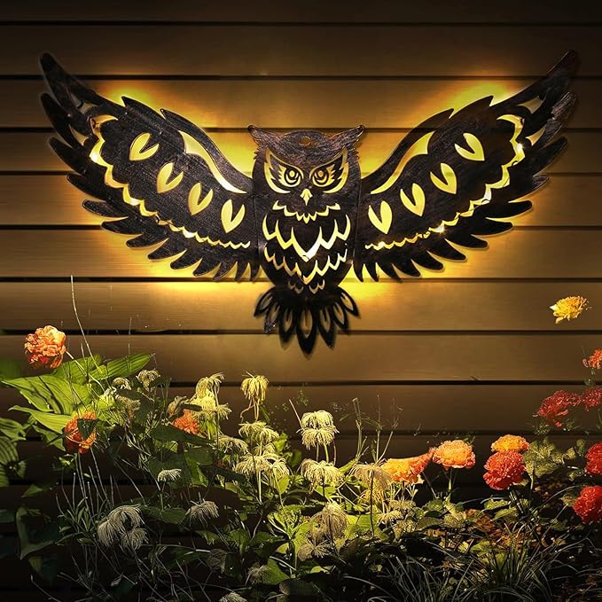 Solar Outdoor Wall Decor Lights Owl Hanging Wall Light Outdoor Metal Solar Garden Lights Porch Patio Yard Decorative Large 23.62inch Warm White - Bloomnest