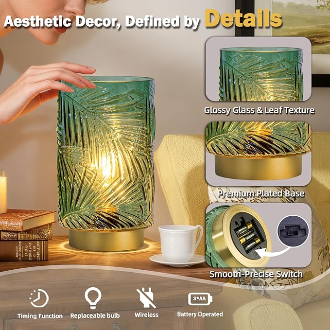 Battery Operated Table Lamp, Cordless Lamps for Home Decor, Battery Powered Nightlight with LED Bulb with Timer, Decorative Lights for Living Room Bedroom Tabletop Entryway Centerpiece Gift(L Green) - Bloomnest