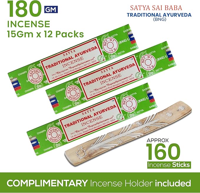 Raajsee Satya Traditional Ayurveda Incense Sticks, Nagchampa 15gmx12 Pack (12 Sets of 15g, 160 Pieces Total) with Raajsee Incense Holder - Bloomnest