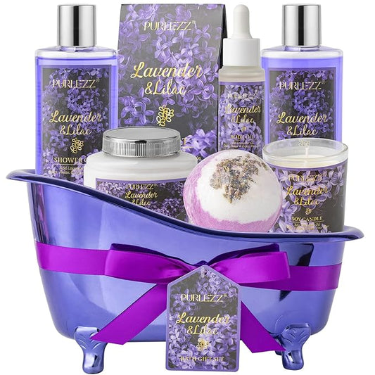 Birthday Gifts for Women, Luxury Home Spa Kit, 8pcs Lavender & Lilac Bath Gift Set, Gift Baskets for Women Unique with Bath Bombs, Sea Salt, Scented Candle, Body Lotion
