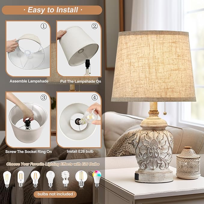 19.5" Vintage Rustic Table Lamp Set of 2 Farmhouse Table Lamps for Living Room Bedroom Decor with USB Ports Traditional Carved Floral White Bedside Night Light Lamps with Pull Chain Switch - Bloomnest