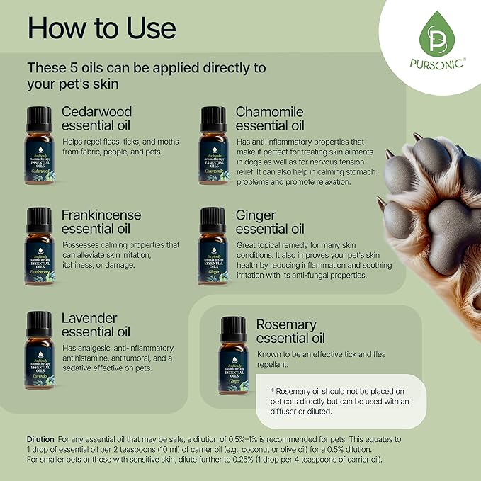 PURSONIC Pet Friendly Aromatherapy Essential Oils Collection, 6-Count - Safe for Dogs and Cats, Natural Relaxation and Stress Relief - Bloomnest