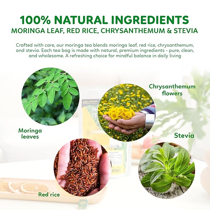 Indochine Blends Moringa Tea Bags | Moringa Leaf, Red Rice, Chrysanthemum & Stevia | Sugar-Free, Caffeine-Free Herbal Tea | Double Chamber, Individually Wrapped Bag | 3.5 oz | 50 Tea Bags - Bloomnest