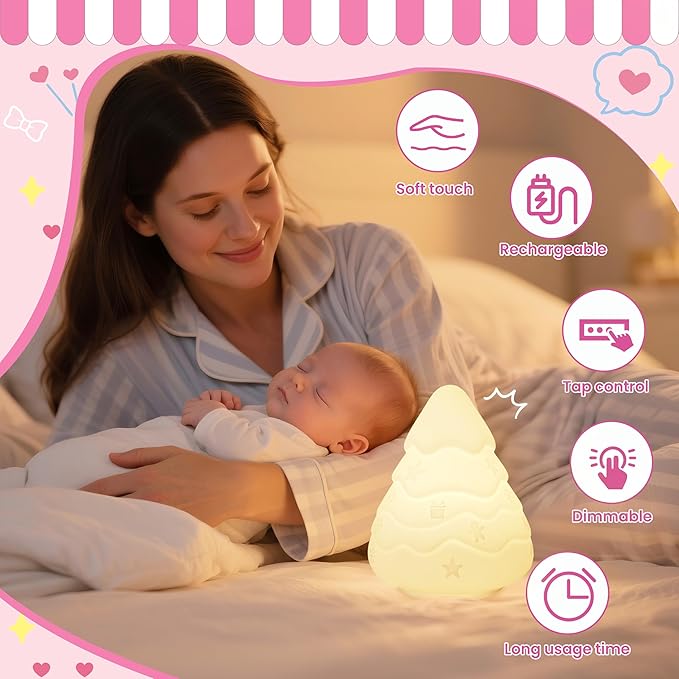 Night Light for Kids, Rechargeable Dimmable Silicone LED Nightlight with 7 Colors, Baby Nursery Night Lamp, Touch Squishy Lamp, Cute Gifts for Girls, Boys, Toddler Room Decor, Christmas Tree - Bloomnest