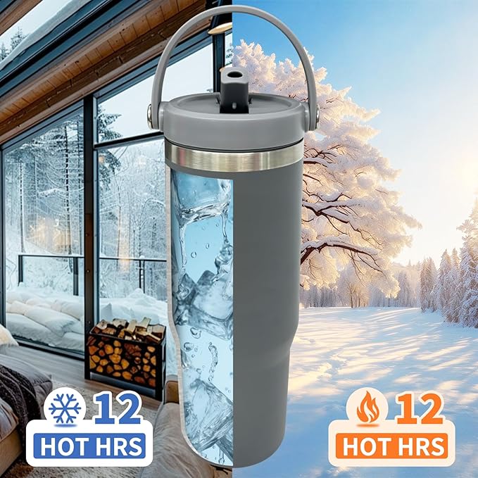 30 oz Tumbler Bulk with Top Handle, Double Wall Vacuum Insulated Tumbler with Flip Straw, Travel Coffee Mug 30oz Powder Coated Cup for Laser Engraving (Gray,4 pack)