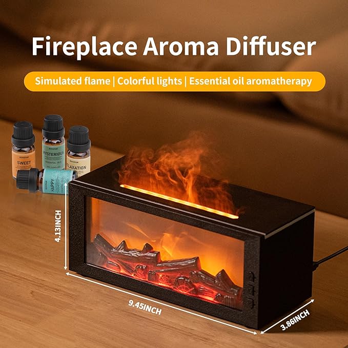 BOHOFAM Fireplace Essential Oil Aroma Diffuser,Flame Air Humidifiers 300ML,14-Hour Runtime,Colorful Flame Diffusers for Home,Included 4 * 10ML Hotel Collection Diffuser Oils for Bedroom(Black) - Bloomnest
