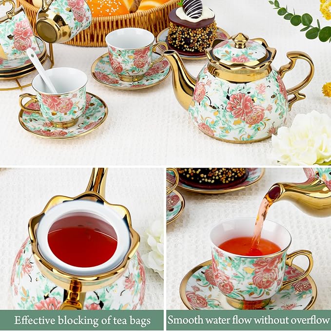 20 Pcs Porcelain Tea Set with Metal Holder, Adult Tea Set Gift, European Ceramic Tea Set for Adults, Flower Tea Cup Saucer Set for Party With Gold Flower Painting (Vibrant Green) - Bloomnest