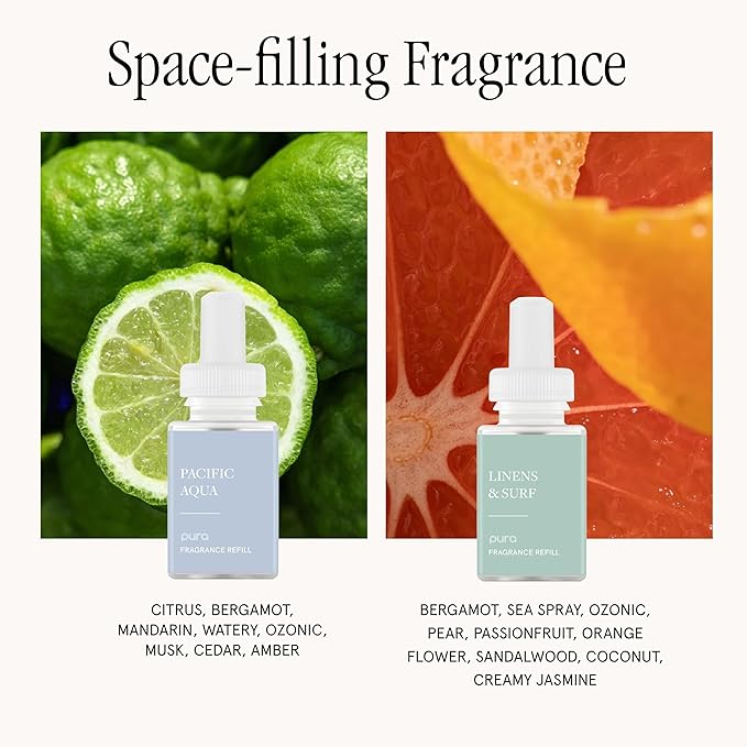 Pura - Smart Home Fragrance Device Starter Set - Pura 4 - Scent Diffuser for Home - Includes Fragrance Aroma Diffuser - Square Box, Pacific Aqua and Linens & Surf Scent Refills - Bloomnest