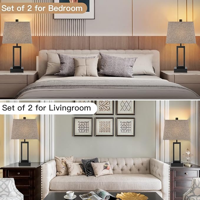 23.5" Touch Control Table Lamps Set of 2, Bedside Lamp with 2 USB Charging Ports & AC Outlet, 3-Way Dimmable Modern Nightstand Lamp for Living Room Bedroom End Table Office(2700K 2 LED Bulbs Included) - Bloomnest