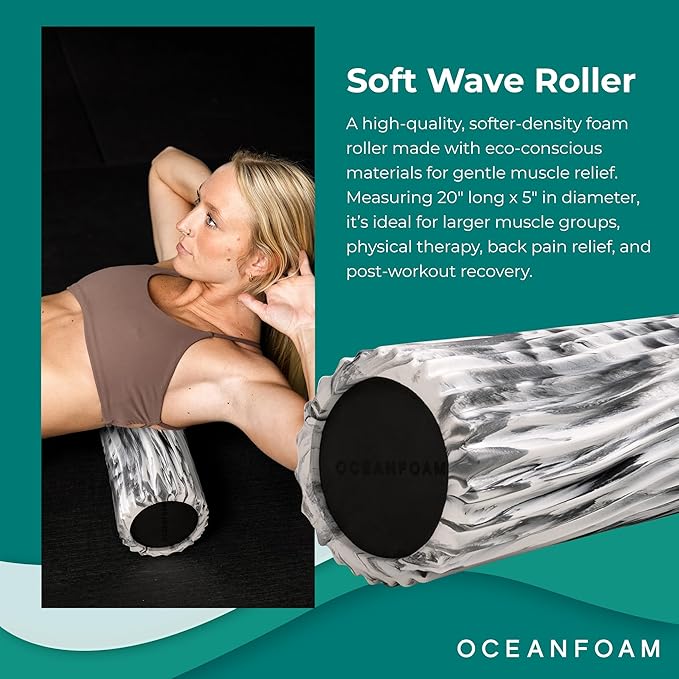 Oceanfoam Soft Tidal Roller (Black Marbled) - Low Density Foam Roller for Physical Therapy, Back Pain, Excercise & Stretching - Wave Textured - Yoga, Athletics, & Wellness - Full Size, 20" x 5" - Bloomnest