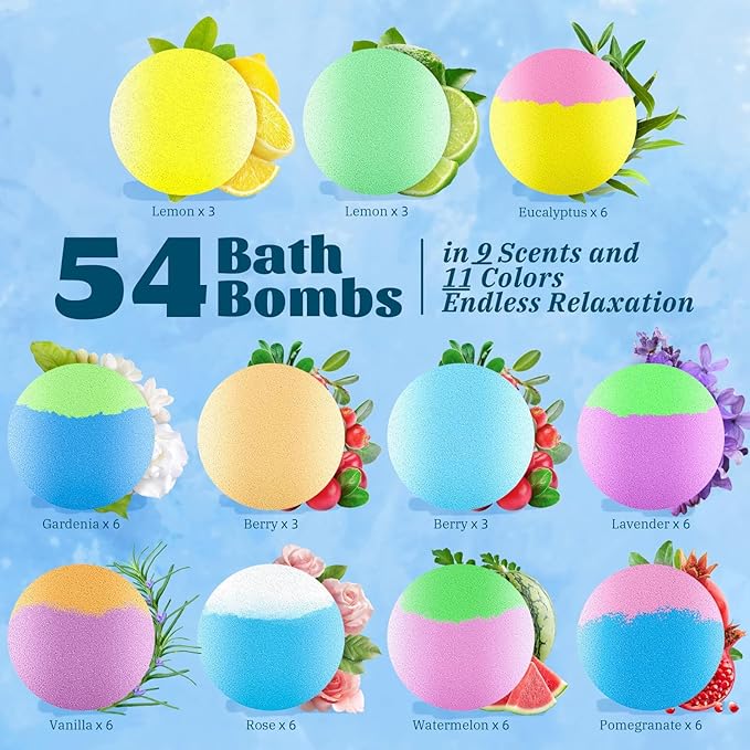 54 Pack Handmade Bath Bombs – 11 Vibrant Colors & 9 Unique Scents, Long-Lasting Fizzy Bubbles & Colorful Magic, 7-Minute Dissolve for Relaxation, Perfect for Birthdays & Summer Self-Care - Bloomnest