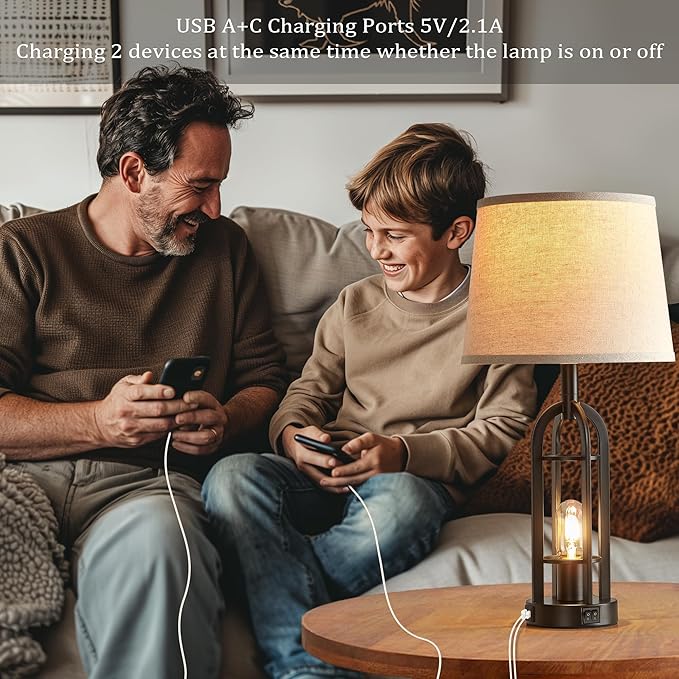 Black Table Lamps for Living Room Set of 2 - Farmhouse Lamps for Night Stands with USB A+C, Bedside Lamps for Bedroom, 24'' Industrial Lamp for Living Room End Tables - Bloomnest