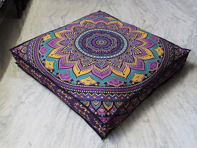 INDIAN CRAFT CASTLE New Pink Ombre 24" Mandala Barmeri Large Floor Pillow Cover Cushion Meditation Seating Ottoman Throw Cover Hippie Decorative Zipped Bohemian Pouf Ottoman Pom Pom Cases 24" Square - Bloomnest