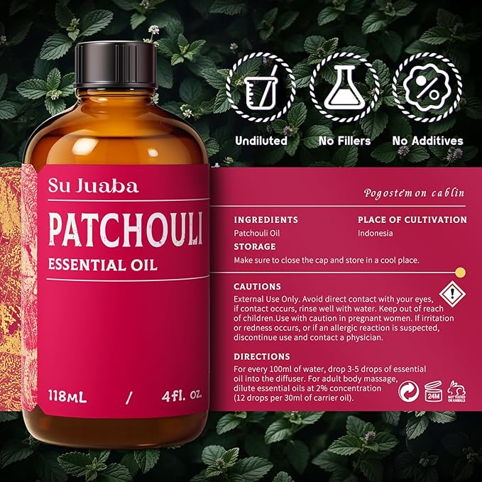 SU JUABA Patchouli Essential Oil 4 Fl Oz, 100% Pure Natural Aromatherapy Oil for Diffuser, Skin Care, Perfume & Soap Making - 118ML Bloomnest