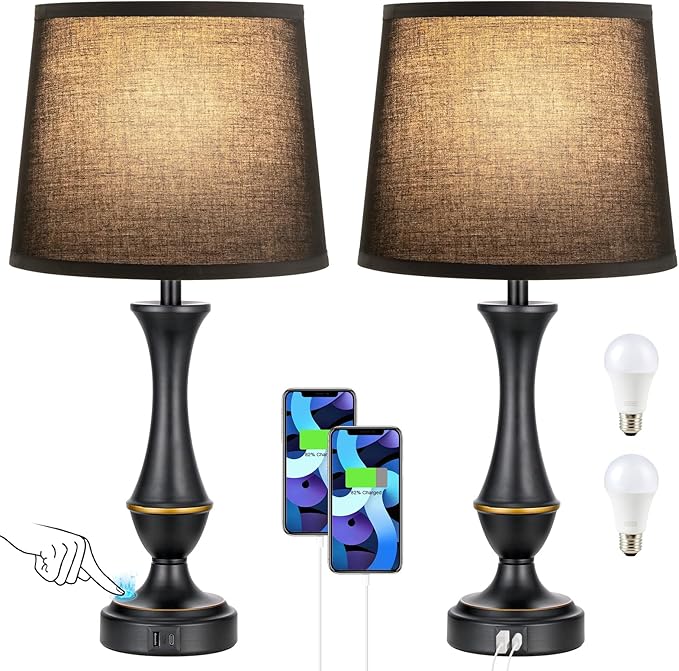 Seealle Upgraded Touch Lamps for Night Stands Set of 2 - Bedside Lamps with USB C+A, 3 Way Dimmable for Bedroom Living Room End Tables Office (Black) - Bloomnest