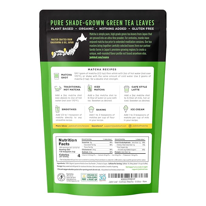 Jade Leaf Matcha Organic Premium Ceremonial Grade Matcha Green Tea Powder - Japanese - Culinary, Ingredient, Ceremonial Barista Teahouse, Latte, Collagen, 3.53 Ounce (Pack of 1), Culinary - Bloomnest