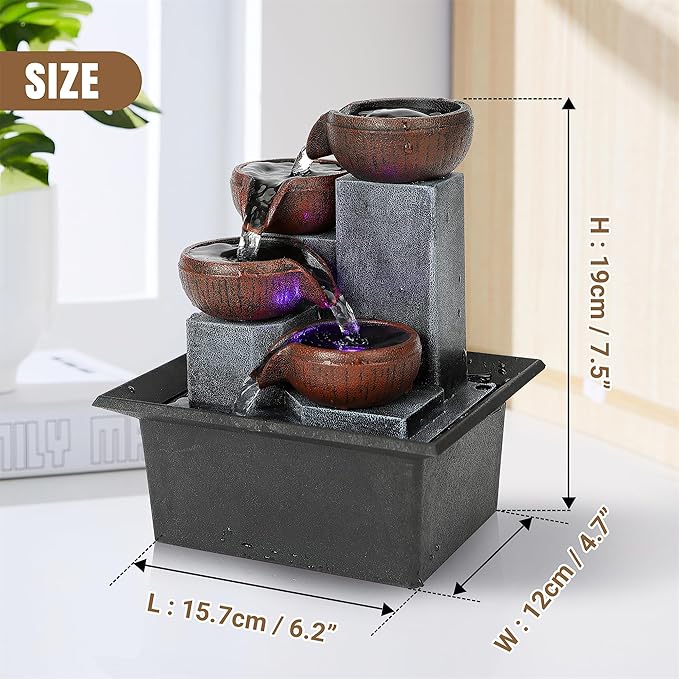 Tabletop Water Fountain-Water Fall Fountains-Indoor Desktop Fountain with Audible Calming Waterfall Sounds for Feng Shui Effect-Cascading LED Color Lighting - Bloomnest