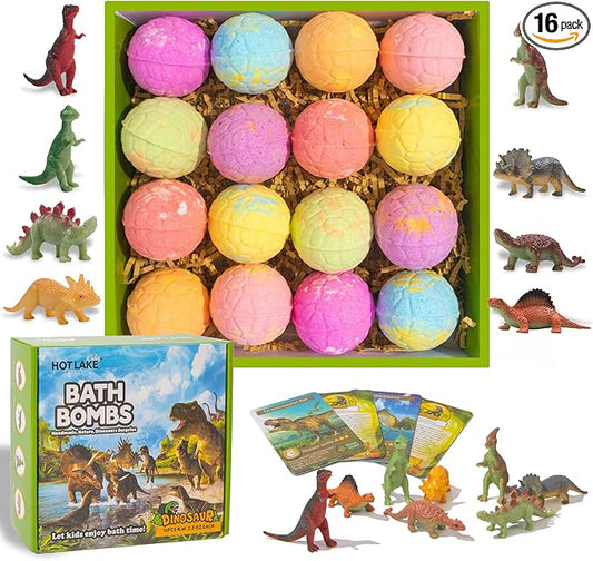 Dinosaur Bath Bombs Gift Set,16 Pack Organic Bath Bomb for Kids with Toys Surprise Inside. Natural Dino Egg Bathbombs Kit for Christmas or Birthday Gift for Girls and Boys - Bloomnest