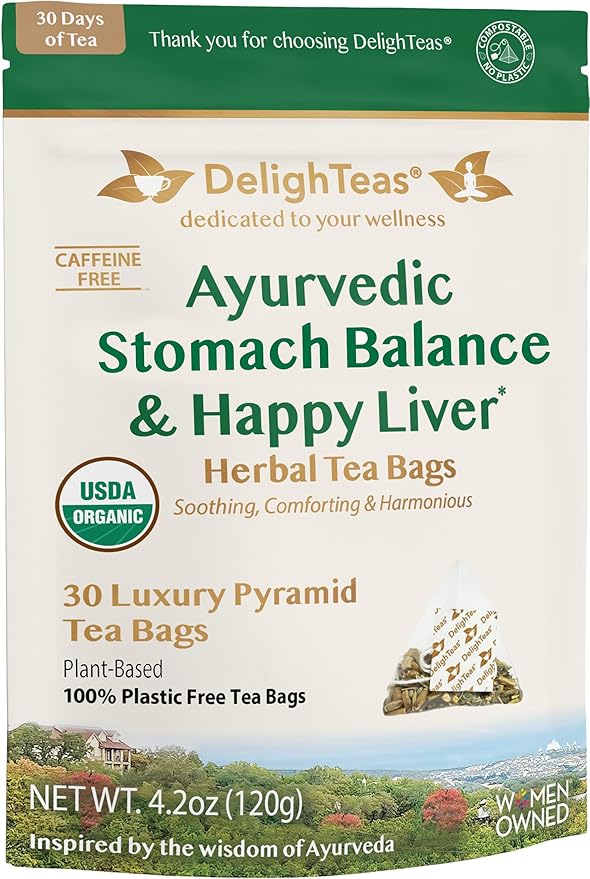 DelighTeas Ayurvedic Herbal Stomach & Liver Tea Bags | Eco-Friendly, Compostable Pyramids | Organic Milk Thistle, Fennel, Ginger, Peppermint & Licorice | Caffeine-Free, Kosher | 30 Tea Bags 4g Each - Bloomnest