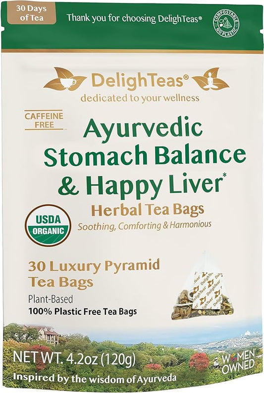 DelighTeas Ayurvedic Herbal Stomach & Liver Tea Bags | Eco-Friendly, Compostable Pyramids | Organic Milk Thistle, Fennel, Ginger, Peppermint & Licorice | Caffeine-Free, Kosher | 30 Tea Bags 4g Each - Bloomnest