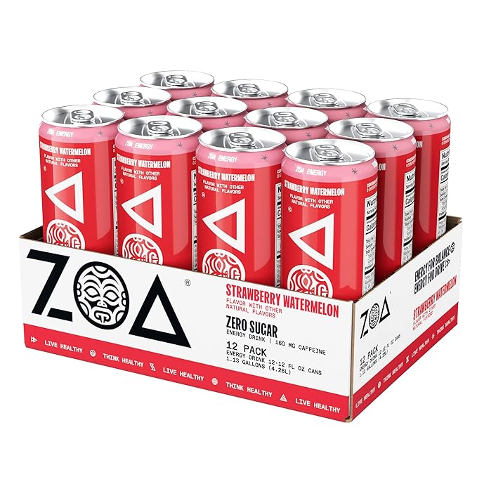ZOA Zero Sugar Energy Drinks, Strawberry Watermelon - Sugar Free with Electrolytes, Healthy Vitamin C, Amino Acids, Essential B-Vitamins, and Caffeine from Green Tea - 12 Fl Oz (12-Pack) - Bloomnest