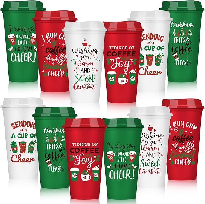 Pickmesh 12 Pack Christmas Coffee Cups Gifts Bulk 16 oz Reusable Coffee Cup Tumblers with Lid Plastic Cups Travel Mug Thank You Gifts for Women Coworkers Holiday Drinks - Bloomnest