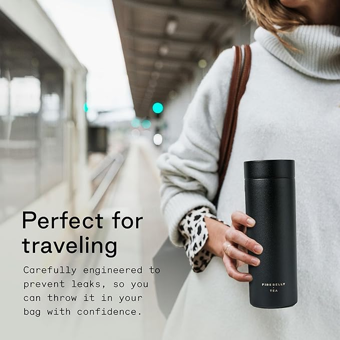 Firebelly Tea, Travel Tea Infuser Mug with Strainer, Insulated Tumbler for Loose Leaf Tea or Coffee, Leakproof Bottle for Hot or Iced Drinks, Stainless Steel Thermos with Lid, Noir - Bloomnest
