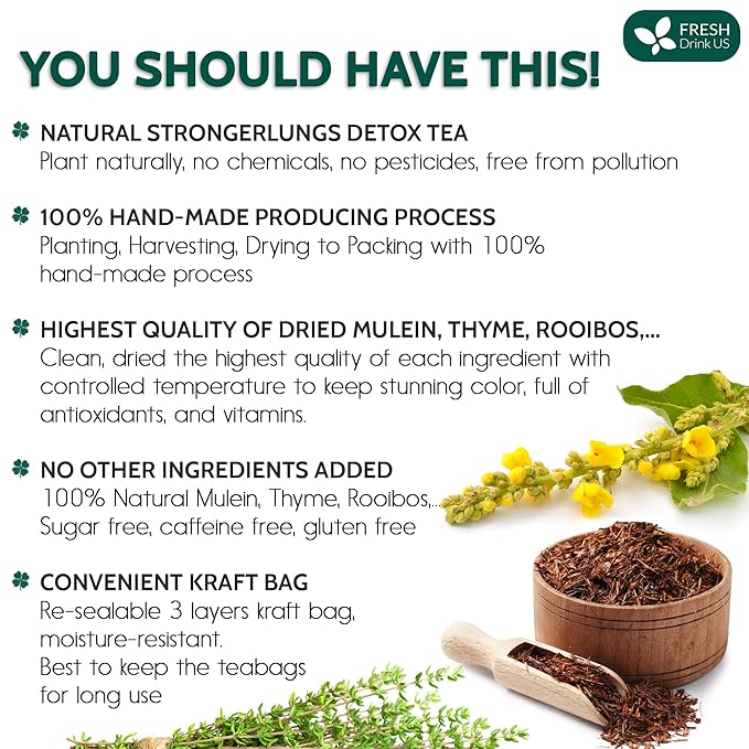 FreshDrinkUS StrongerLungs 20 Tea Bags - Mullein Leaf, Ginseng, Elderberry, Ginger & Thyme - Supports Lung Cleanse, Congestion Relief & Mucus Detox - Caffeine-Free & All-Natural - Bloomnest