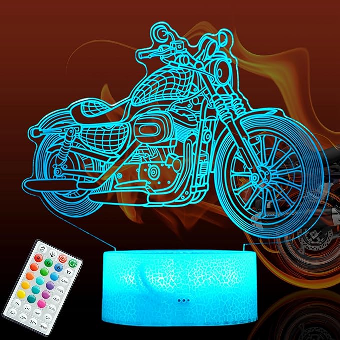 Motorcycle Gifts, Motorcycle Night Light, Motorbike 3D Illusion Lamp, 16 Colors Changing, Timer, 4 Flash Modes and Dimmable，LED, Kids Room Decoration, Xmas Birthday Gifts - Bloomnest
