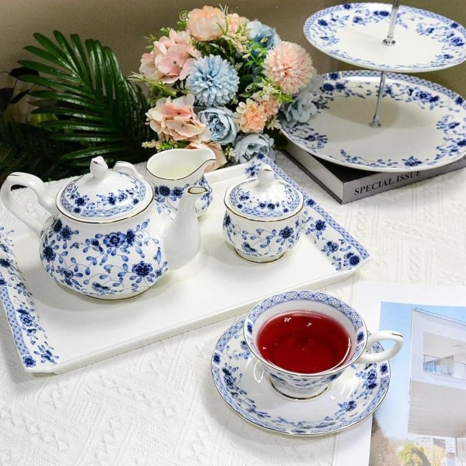 Bone China Tea Set for Adults, 13-Piece Blue and White Porcelain Tea Set for 4, Vintage Floral Tea Set With Teapot and Teaspoons, Tea Party Sets for Women Gift (Blue A) - Bloomnest