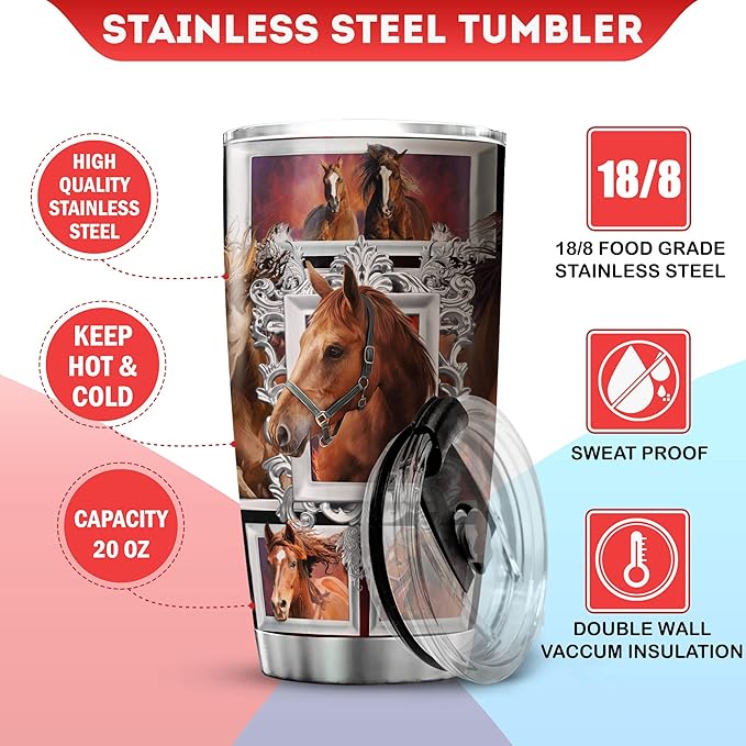 Horse Stainless Steel Tumbler With Lid 20oz Equestrian Farm Animal Print Cup Horses Gift Ideas Husband Present Insulated Travel Coffee Mug Vintage Horse Printed Gifts For Him - Bloomnest
