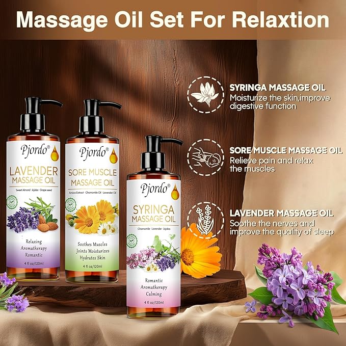 Body Massage Oil for Massage Therapy Kit, Lilac, Lavender, Sore Muscle Arnica Oil with Massage Roller Ball, Relaxing Massage Oils for Pain Relief, Spa Gift Set for Him Her - Bloomnest