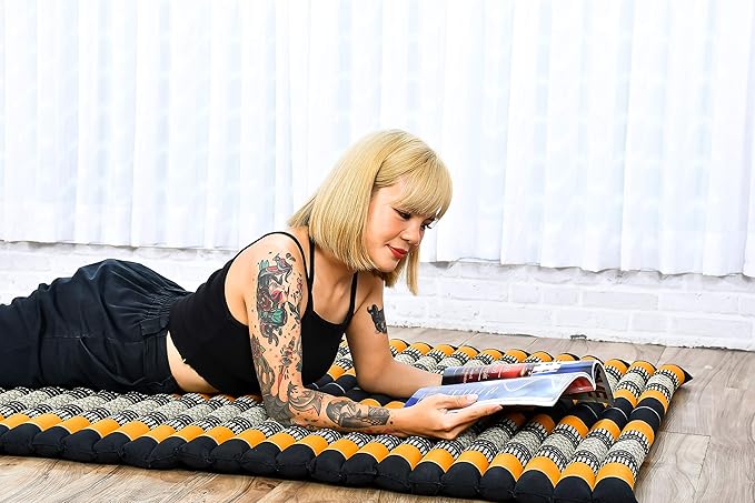 Leewadee - Kapok Roll Mat – Handcrafted Folding Sleep & Relaxation Mattress from Thailand, Ideal as Guest Bed, Camping Mat, Yoga Mat or Traditional Futon, 75 x 39 inches, Black Orange - Bloomnest