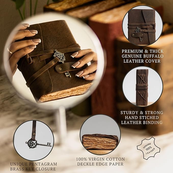 LEATHER VILLAGE Leather Bound Vintage Journal for Women & Men - 7"X5"(A7), Rustic Mocha Brown, 200 Pages of Handmade Deckle Edges Watercolor Paper - Antique Lock Closure - Book of Shadow - Bloomnest